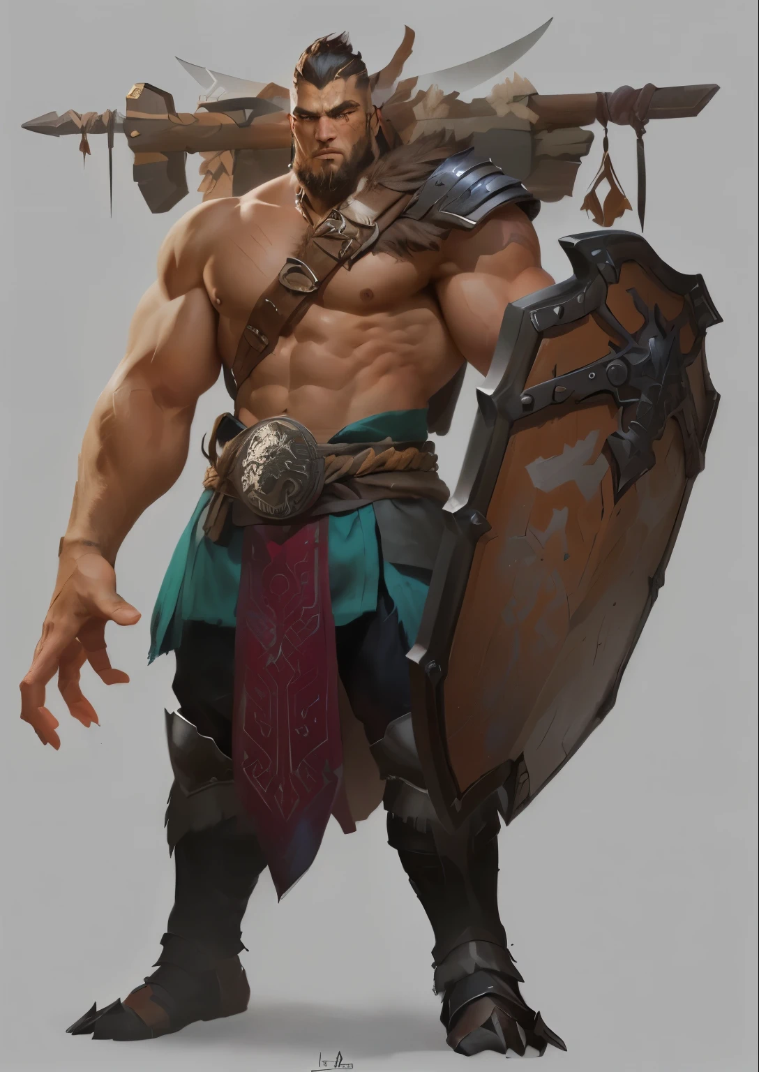 Close-up of a man holding a sword and shield, barbarian class, male barbarian, barbarian, heroic Fantasy character concept, barbarian warrior, dnd giant character concept, Male Warrior, Concept art of the warrior, Samurai character design, portrait berserker barbarian, Fantasy character concept, Warrior dnd role, Detailed full body concept, Berserker Portrait, Muscular personality
