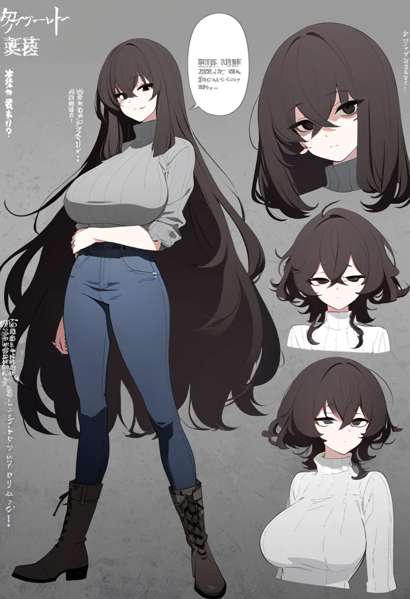 One Woman,Downer,older sister,Concept Art,Dark brown hair,Straight hair with slight inward curls,Staring eyes,Eye Ridge,black eye,Crossed bangs,whole body,smile,Larger breasts,Gray background,Bangs that reach down to the eyes,Messy hair,Tight dark jeans,Gray turtleneck sweater,Multiple views of the same character,Character Design,Dark circles under the eyes,Bad look,Listless,Sloppy,Silver Jewelry,Cafe staff,whole bodyCharacter Design,Detailed hands,Height: 170cm,boots,fleshy,