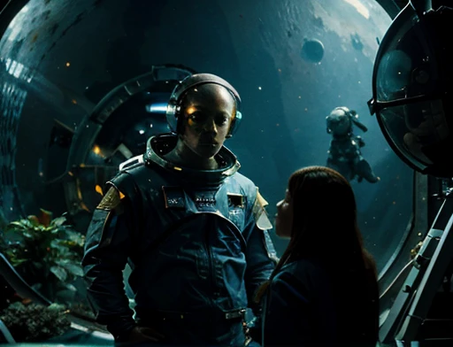 The astronaut wearing a spacesuit stands in front of the creature observing , The humanoid being is a hybrid of a lizard and a fish, this being is watching, fotografia de Corpo completo imagem de corpo inteiro. Environment overview.