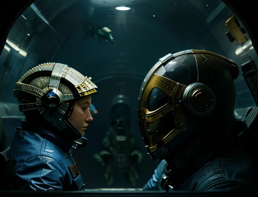 The astronaut wearing a spacesuit stands in front of the creature observing , The humanoid being is a hybrid of a lizard and a fish, this being is watching, fotografia de Corpo completo imagem de corpo inteiro. Environment overview.