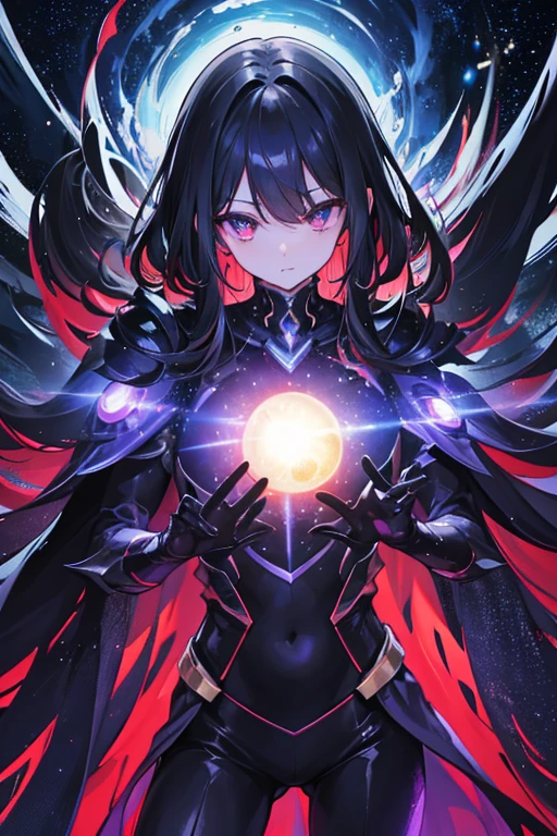 A cosmic God black hole-like armor, has four arms and six eyes and is destroying the universe.