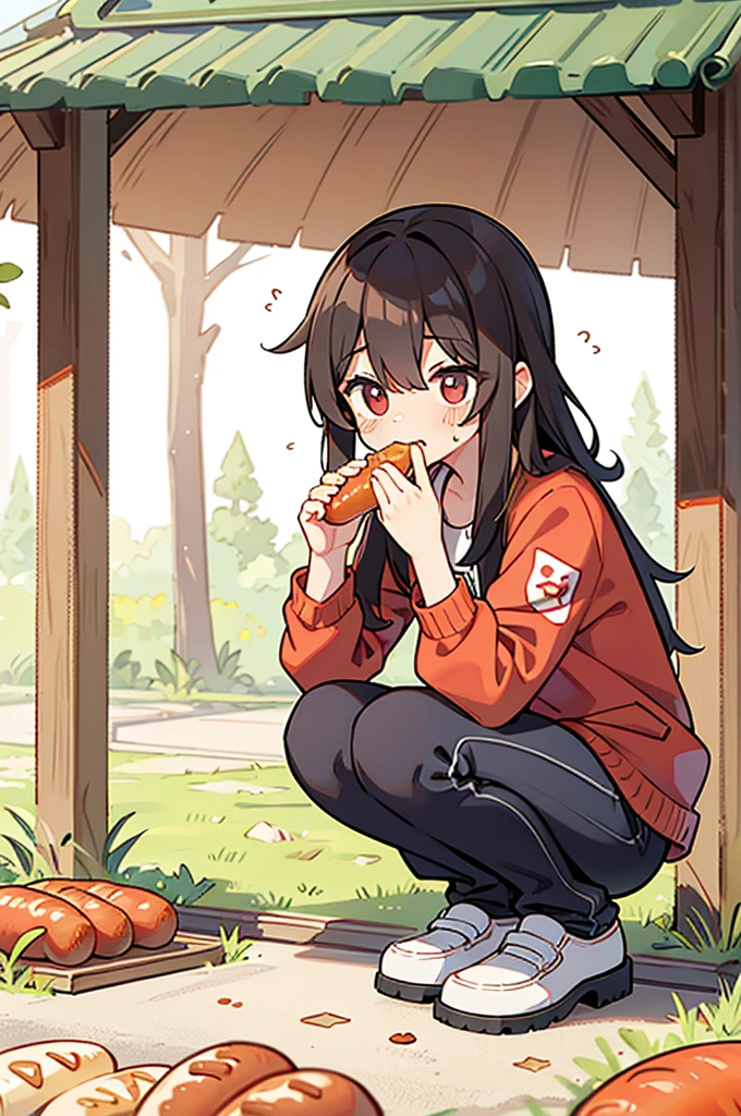 Eating a frankfurter while squatting with a shy look on his face