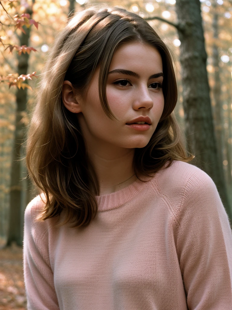 Elegant Minimalistic Photography, 1990s, (beautiful) Model wearing a pink jumper, Red Autumn Forest Background, Natural Lighting, chaos, minimalist, close-up portrait photo, (shot on Portra 400).