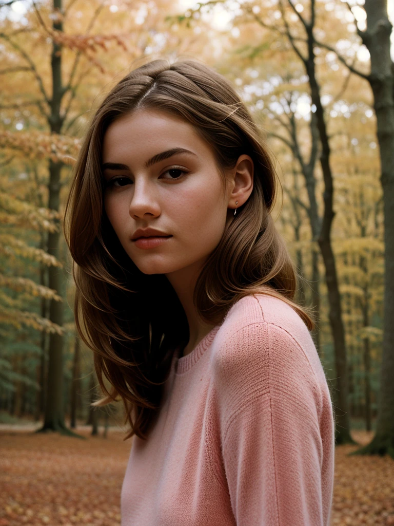 Elegant Minimalistic Photography, 1990s, (beautiful) Model wearing a pink jumper, Red Autumn Forest Background, Natural Lighting, chaos, minimalist, close-up portrait photo, (shot on Portra 400).