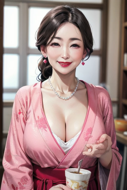 8k, 55 year old mature Japanese woman, Beautiful mature woman, Long eyelashes, Low Ponytail, Red lipstick, Pearl Necklace, Earrings, Pink Eyeshadow, Face Enhancement, smile, Sparkling Eyes, Cleavage