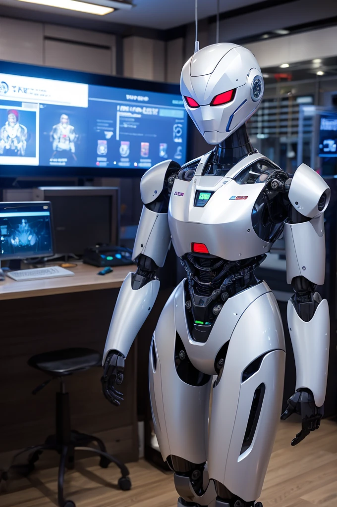 The image depicts a stunning and transparent robot standing next to a computer. The entire body and head of the robot are made of molded plastic, wires and a few iron components, giving it a mechanical and futuristic look. The robot's body consists of a clear head, abdomen, arms and legs, all carefully designed to display the complex inner workings of the machine. As the focal point of the image, the robot is shown with concentrated concentration drawing a beautiful image on the computer screen in front of it. The screen has become the robot's canvas, and he uses a fine brush to create his masterpiece. The robot's movements are fluid and precise, and the expression on its face indicates a sense of deep concentration and artistic passion. Despite its robotic nature, the machine's transparent design allows the viewer to see the complex network of wires, circuits and mechanical parts that make up its inner workings. This creates a mesmerizing optical effect, blurring the line between machine and art. Next to the robot sits a well-dressed Orthodox Jewish man with a short and impressive beard in a fancy office chair. He watches the robot's work with a look of pleasure and satisfaction, his hand rests on a half-full cup of coffee on the computer desk. The table is also adorned with two used coffee cups, hinting at the long hours the man and the robot spent collaborating on this artistic endeavor. The overall scene takes place within a luxurious office environment, with rich and ornate furniture and a sense of sophistication and refinement. The attention to detail in the image is exceptional, from the intricate patterns on the robot's body to the subtle shadows and highlights that create a realistic and immersive atmosphere.