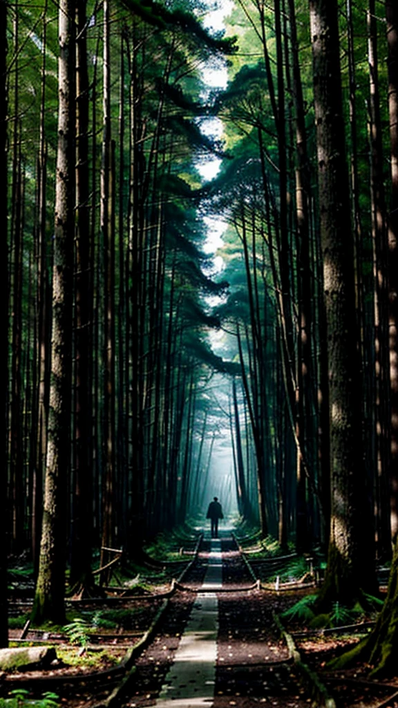 Aokigahara Forest, Japan: A dense, shadowy forest floor with twisted tree roots and a thick canopy above, creating an oppressive, claustrophobic atmosphere. Small, eerie shrines and discarded personal items are scattered throughout.