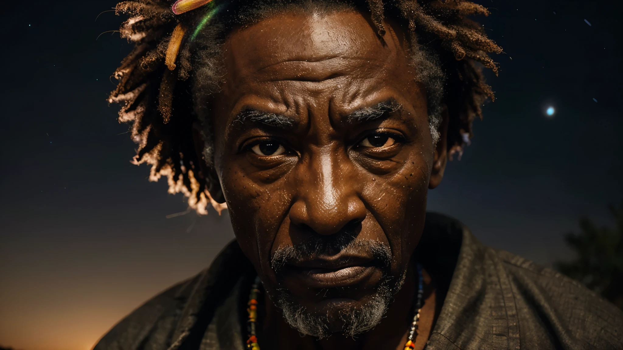 an elderly, african sage under a night sky, his face highlighted with translucent rainbow hues, telling stories of the past and future, intertwining fate with diversity, handsome face, ultra high definition, super detail, fierce, aggressive, authoritative aura, very angry face, mad, intense focus, looking straight at the camera