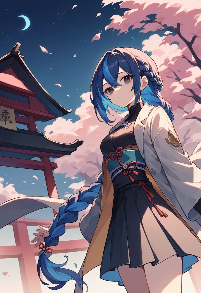 (One Girl,Midnight blue color hair,Hairstyle: braided ponytail, Dark eyes,Medium chest,Dynamic Angle)Coat of blue,Black Skirt,Japanese shrine with night background,