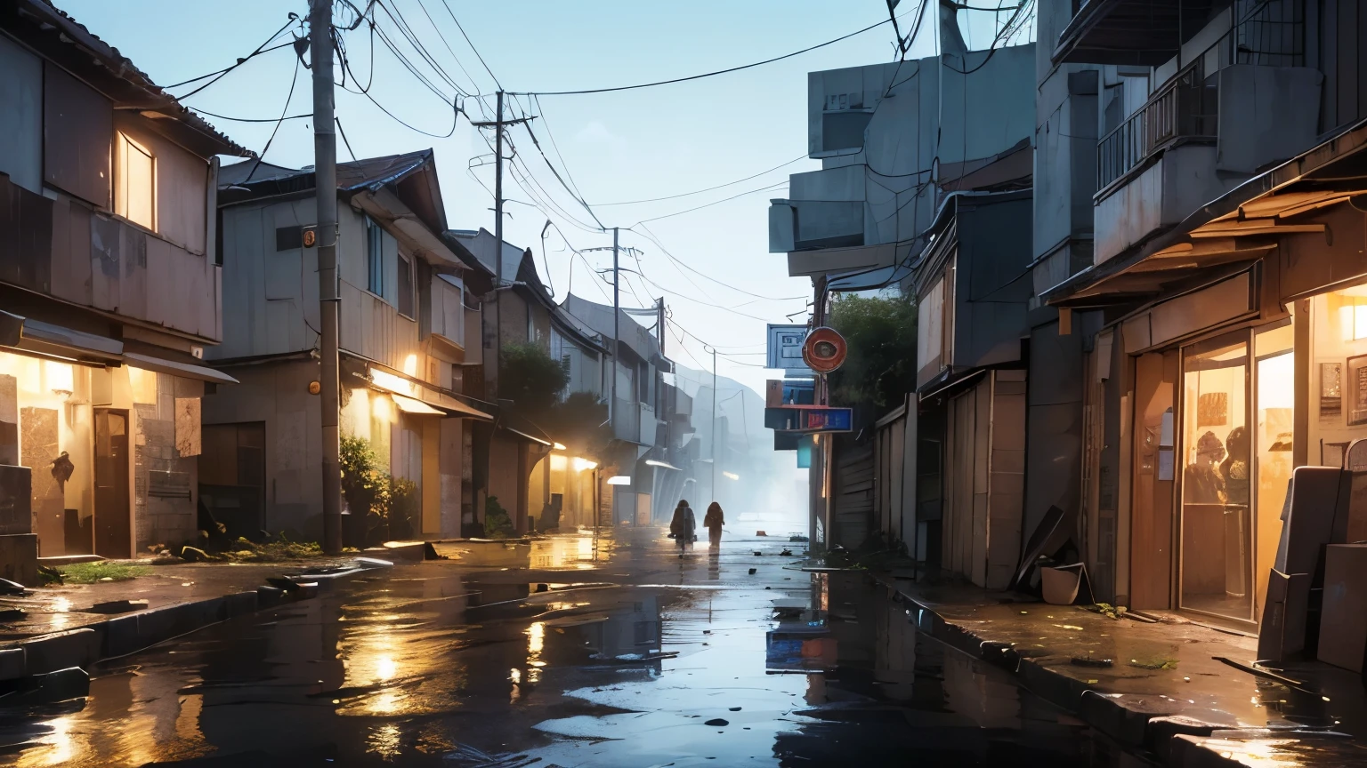 ((melhor qualidade)), ((Obra de arte)), ((detalhado)), Broken video games and Computers (PC) lying around everywhere. It's night, it's almost 1 a.m in a post-apocalyptic scenario, ruins of a city destroyed by floods, water and lame in the streets, RUST, VEGETATION and FUNGIS A LOT AROUND EVERYWHERE present