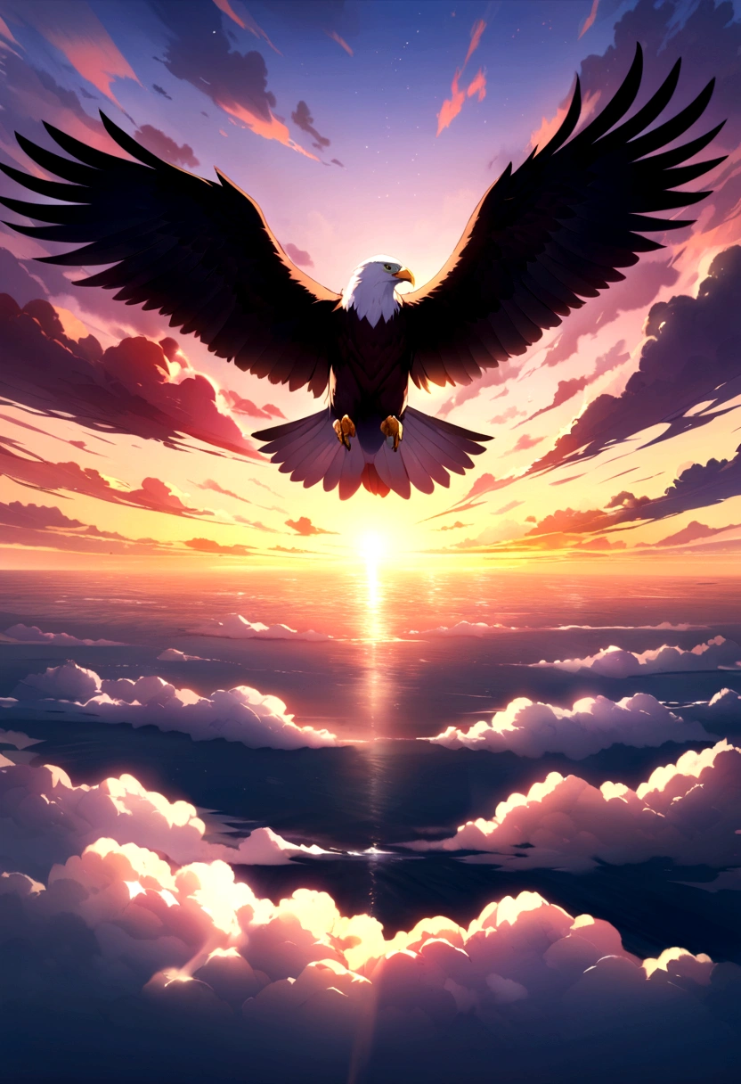 (Extremely detailed CG unified 8k wallpaper, Main Part, best quality), Stunning sunsets, Eagle soars in the sky.