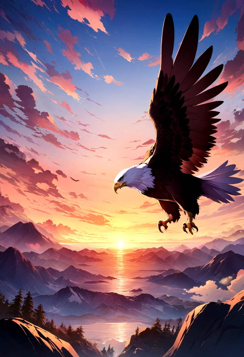(Extremely detailed CG unified 8k wallpaper, Main Part, best quality), Stunning sunsets, Eagle soars in the sky.