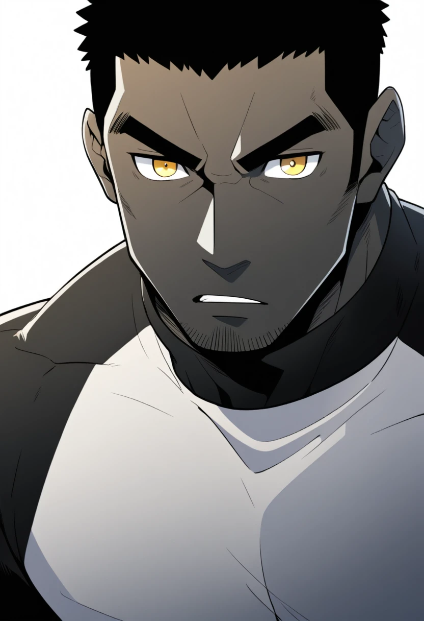 one negro, anime characters：Gyee, Hibino Kafka, One Muscle Sports Student, negro black skin, Very Black, muscular tough guy, Manliness, male focus, Grey long sleeve turtleneck tight t-shirt, Regular symmetrical pattern, Very tight, muscular male, muscular, only, Upper body, alone, Black short hair, Thick eyebrows, stubble, Yellow eyes, White background, simple background, amazing quality, best aesthetics, Ridiculous, bright pupils, crew cut, parted lips, v-shaped eyebrows, jitome, best quality