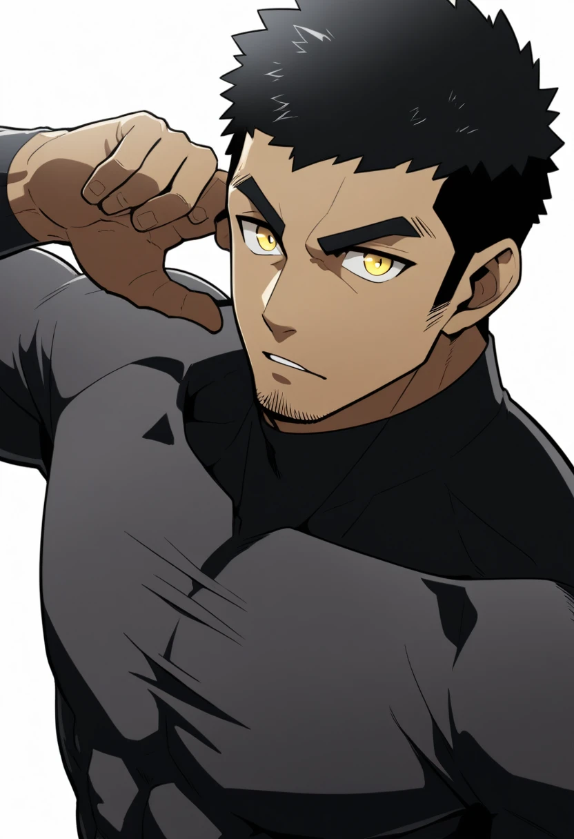 one negro, anime characters：Gyee, Hibino Kafka, One Muscle Sports Student, negro black skin, Very Black, muscular tough guy, Manliness, male focus, Grey long sleeve turtleneck tight t-shirt, Regular symmetrical pattern, Very tight, muscular male, muscular, only, Upper body, alone, Black short hair, Thick eyebrows, stubble, Yellow eyes, White background, simple background, amazing quality, best aesthetics, Ridiculous, bright pupils, crew cut, parted lips, v-shaped eyebrows, jitome, best quality