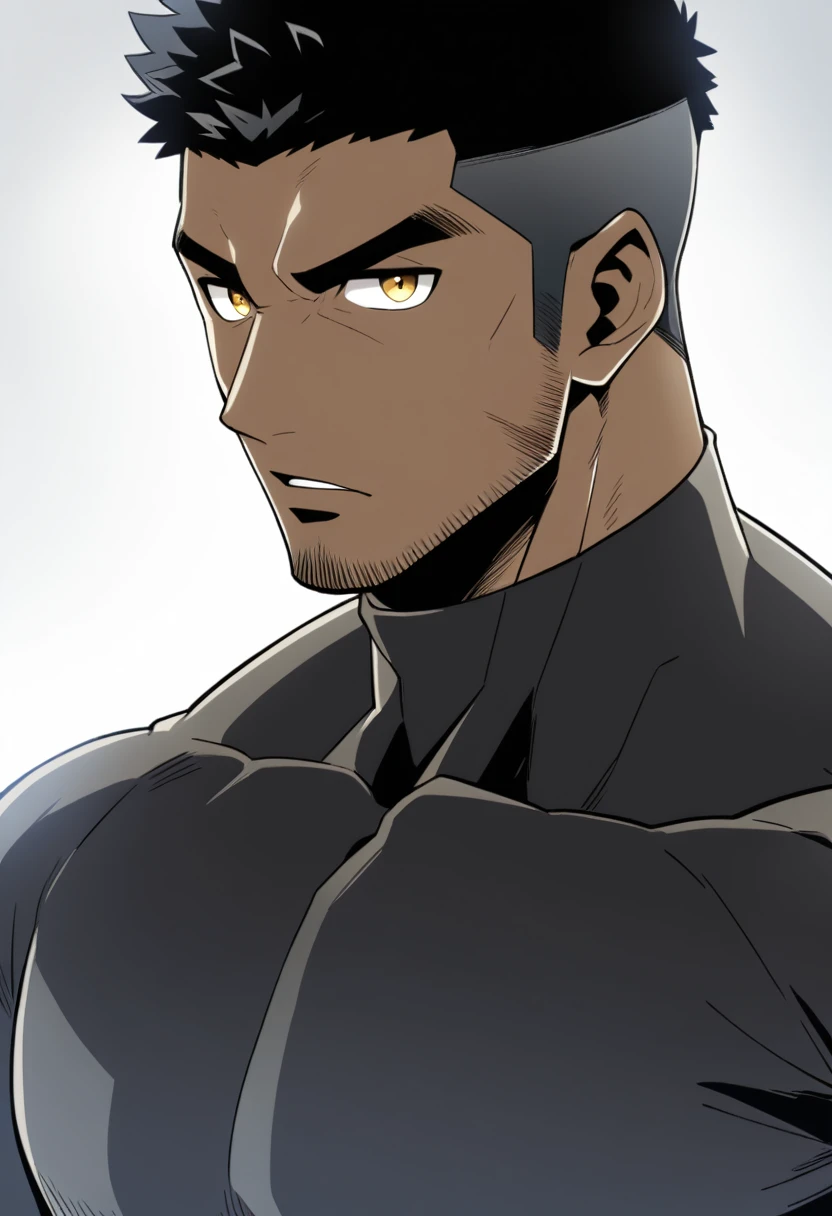 one negro, anime characters：Gyee, Hibino Kafka, One Muscle Sports Student, negro black skin, Very Black, muscular tough guy, Manliness, male focus, Grey long sleeve turtleneck tight t-shirt, Regular symmetrical pattern, Very tight, muscular male, muscular, only, Upper body, alone, Black short hair, Thick eyebrows, stubble, Yellow eyes, White background, simple background, amazing quality, best aesthetics, Ridiculous, bright pupils, crew cut, parted lips, v-shaped eyebrows, jitome, best quality