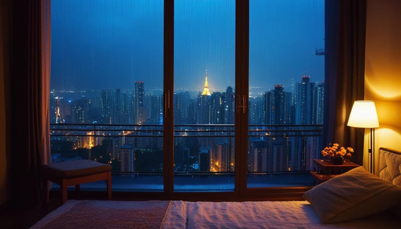 In a cozy room with a beautiful city night raining outside view