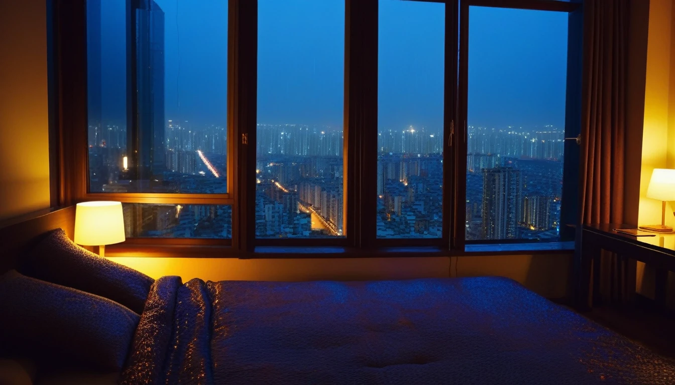 In a cozy room with a beautiful city night raining outside view