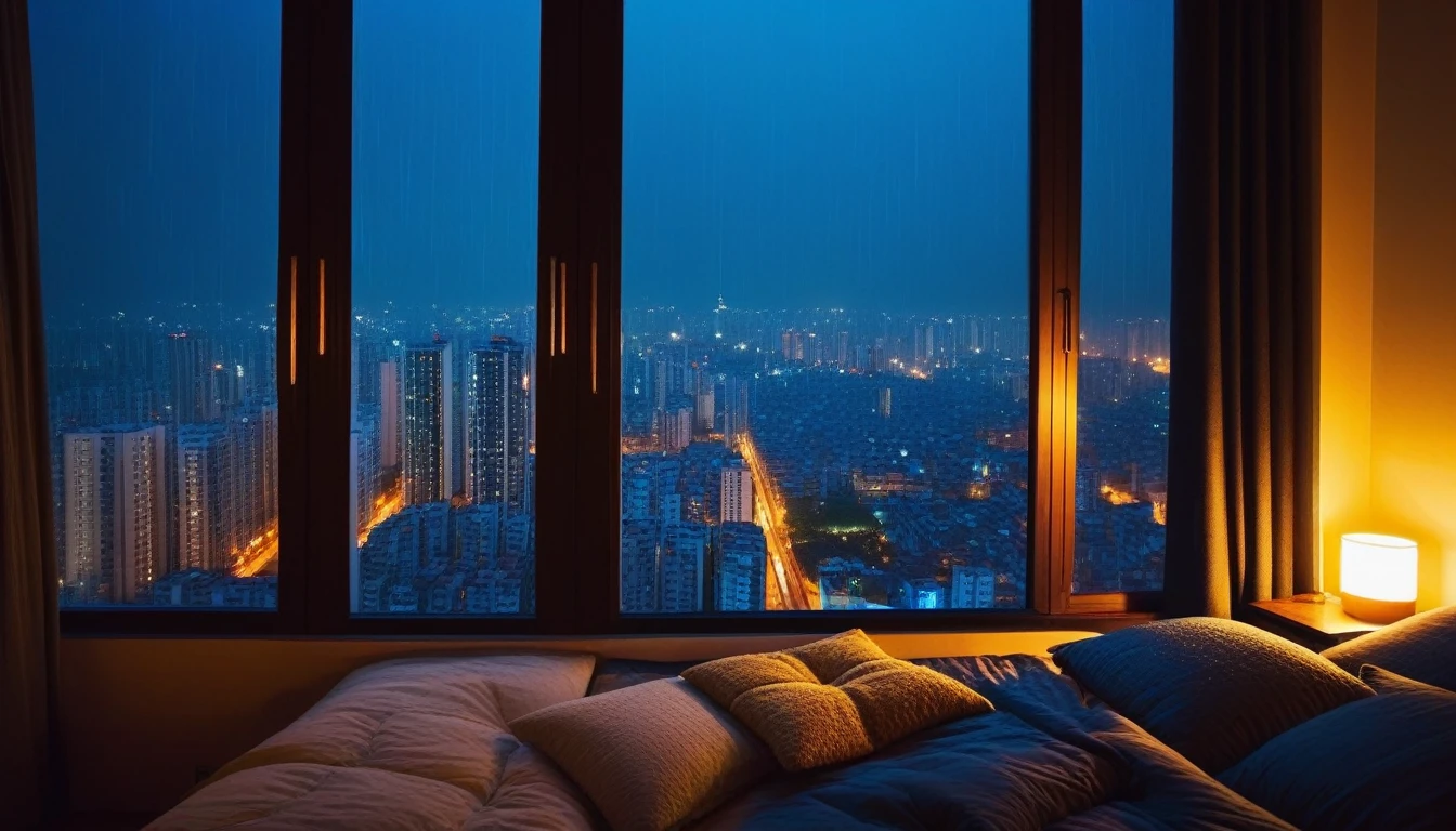 In a cozy room with a beautiful city night raining outside view