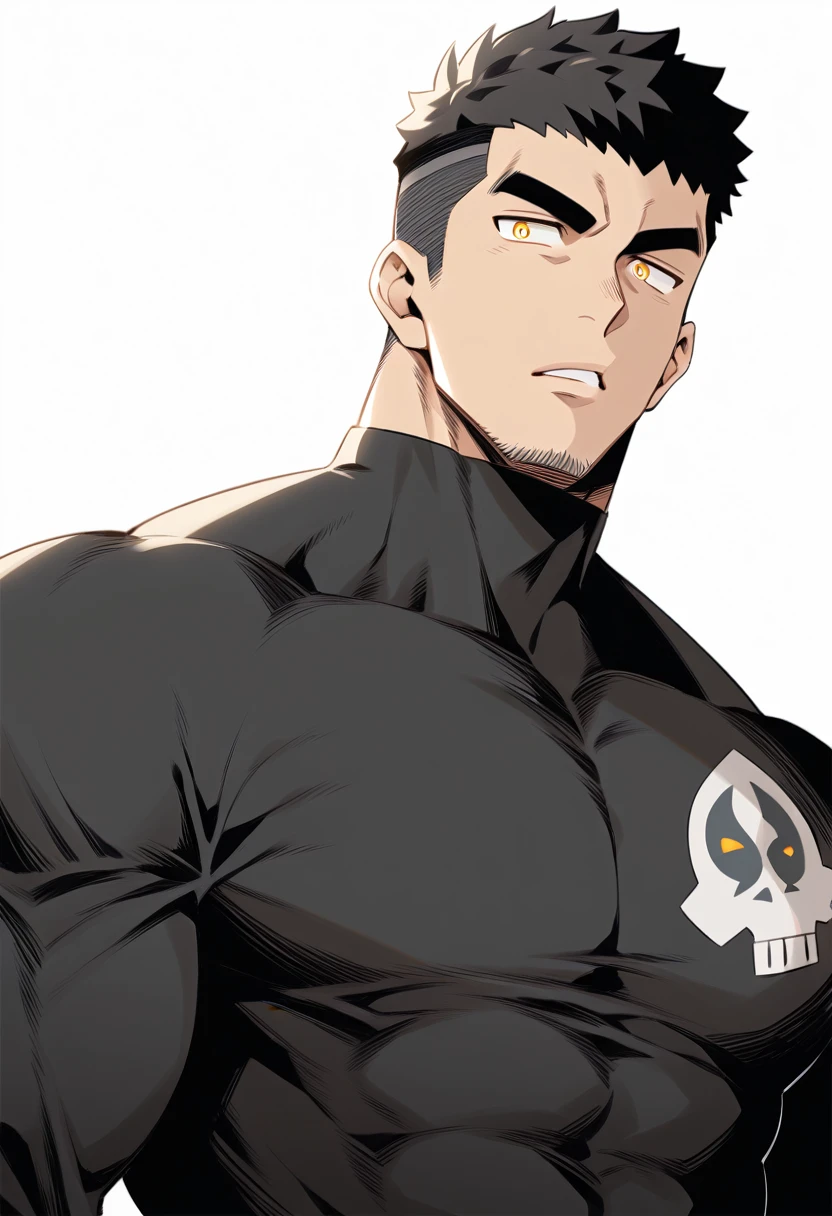 one negro, anime characters:Gyee, Hibino Kafka, One Muscle Sports Student, negro black skin, Very Black, muscular tough guy, Manliness, male focus, Grey long sleeve turtleneck tight t-shirt, Regular symmetrical pattern, Very tight, muscular male, muscular, only, Upper body, alone, Black short hair, Thick eyebrows, stubble, Yellow eyes, White background, simple background, amazing quality, best aesthetics, Ridiculous, bright pupils, crew cut, parted lips, v-shaped eyebrows, jitome, best quality