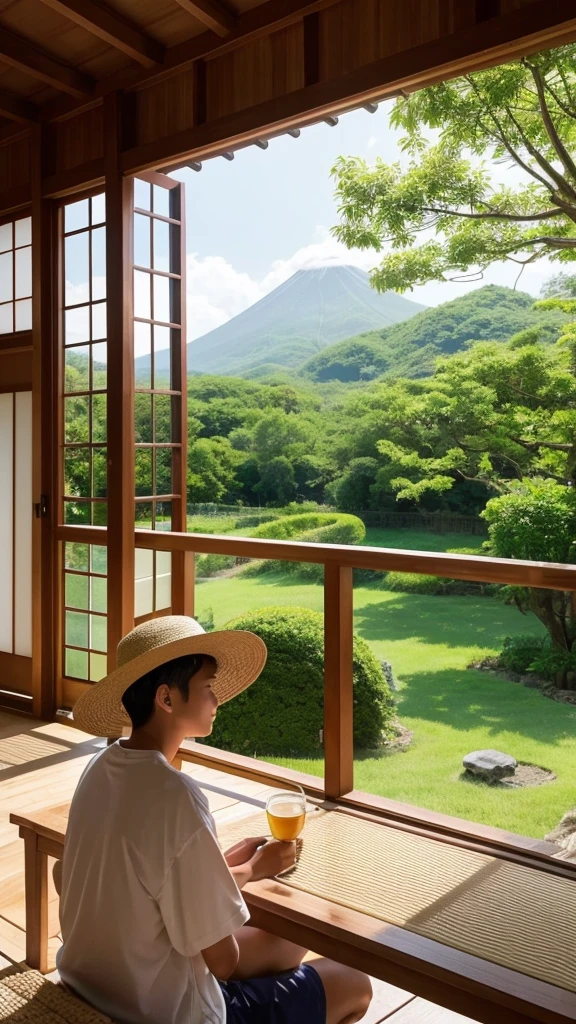 Japanese-style house、countryside、Summer vacation、A boy wearing a straw hat is sitting directly on the veranda, drinking barley tea and cooling off.。It's dark inside the house、Blinds、Glass wind chime 1、1 electric fan、There is only one fan。Outside, there are mountains in the distance、cumulonimbus、field、light truck、Sunflower visible。Low angle from behind、Please draw it in real life