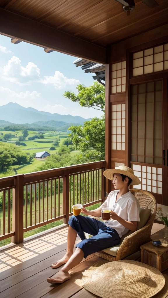 Japanese-style house、countryside、Summer vacation、A boy wearing a straw hat is sitting directly on the veranda, drinking barley tea and cooling off.。It's dark inside the house、Blinds、Glass wind chime 1、1 electric fan、There is only one fan。Outside, there are mountains in the distance、cumulonimbus、field、light truck、Sunflower visible。Low angle from behind、Please draw it in real life