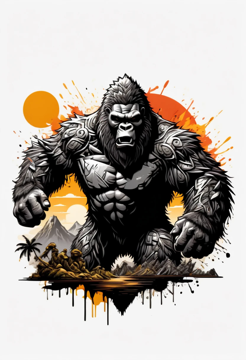 (((white background))), (((SPLASH ART))) intricately detailed t-shirt design ready for print , 2d, ONE HUGE black angry full body KING KONG in foreground Jungle mountains peeks sunset at the background, vibe detailed design for streetwear and urban style t-shirts design, pro vector, (cel-shading style:1.3), inkpunk, (ink lines:1.1), strong outlines, bold traces, high contrast, (cel-shaded:1.1), vector, 32k resolution, best quality,, flat lights,vector t-shirt art ready for print, intricate rich extremely complex ornaments illustration, extremely detailed and complex illustration, high detail, clean lines style, intricate high details, (((white plain background)))