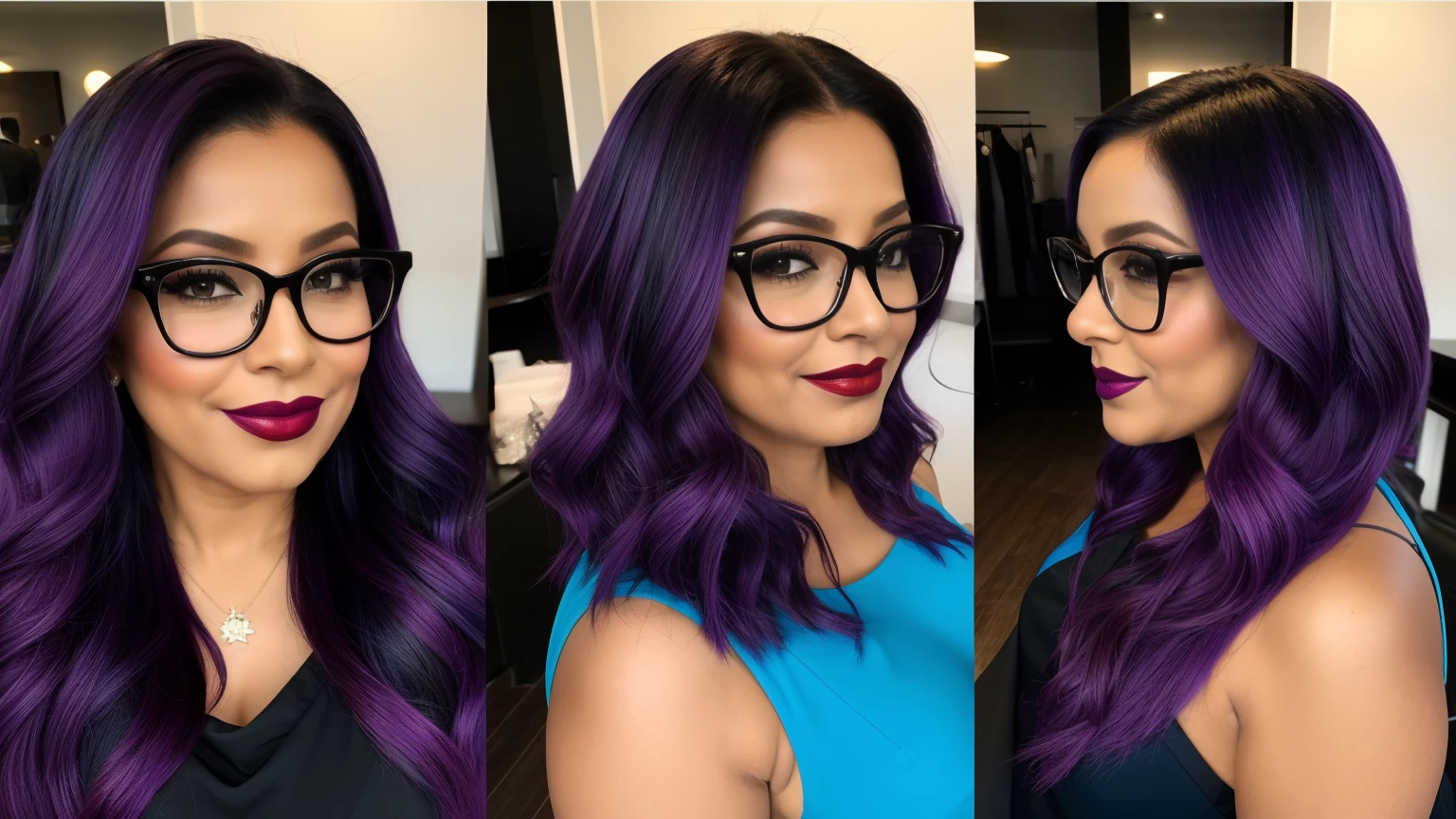Cabelo: Roxo e preto, variando entre diferentes penteados (liso, ondulado, preso, solto).Pele: Morena.Corpo: Coxas largas, seios grandes e bonitos.Roupas: Diferentes em cada cena, with luxurious pieces and jewelry, variando para estilos mais casuais.glasses:Diferentes estilos e cores (roxo, azul) em algumas cenas.Maquiagem:Lips painted black and purple, maquiagem chamativa.