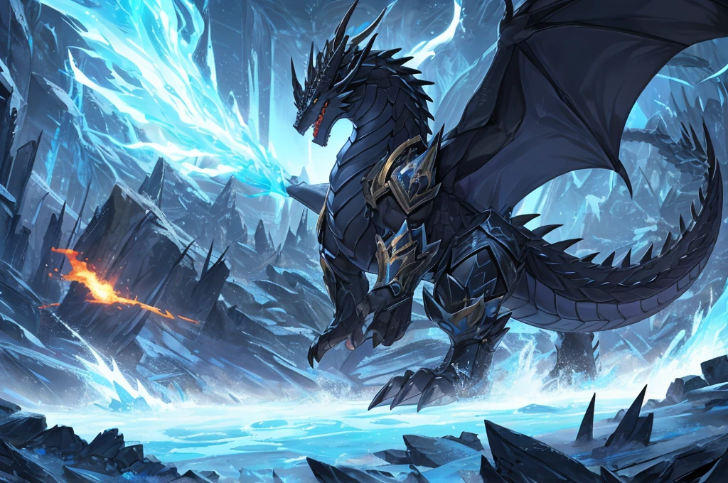 (The tyrannical and powerful Black Dragon King，Modern black and gold armor：2)，(Large dragon body，Huge size，Majestic wingspan，Sharp thorns，Huge dragon claw，Huge paws，Thick dragon tail，The huge black dragon king，Black dragon：2)，Strong physique，(Blue ice flame：2)，Brutal Behemoth，war，glacier，god，Overwhelming presence，Full body picture，Very detailed，4k HD，HD Wallpapers