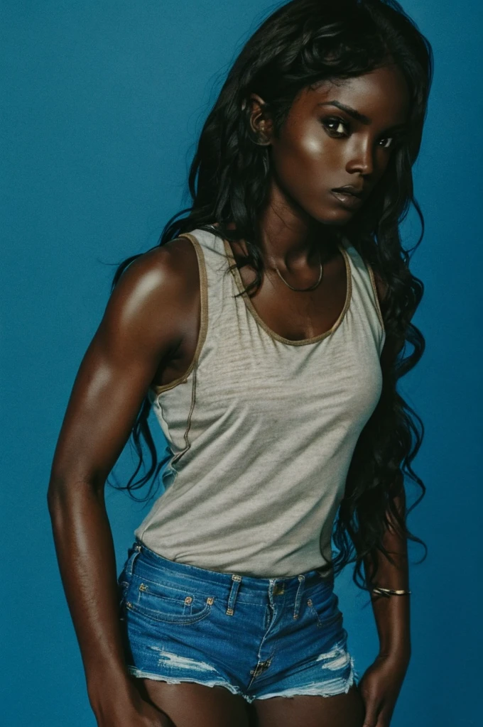 ((Extremely beautiful face)), ((very dark skin)), upper body, ((face focus)), tanktop, short shorts, full body, long messy hair