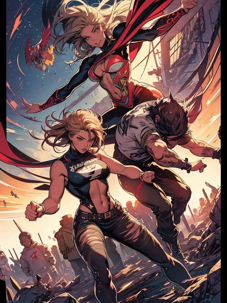 (nighttime scene), full body, two girls, holding a sword, horror, haunted, dead body, skulls, Mulher Maravilha, vestido como um punk, hairstyle with shaved side head, Cabelo longo detalhado, vestindo jaqueta militar curta e aberta, corte superior, decote, sorrindo, Estilo Cyberpunk, estilo profissional de quadrinhos, day sky, Side view, athletic and fit body, Naughty, slutty, perfect hands, detailed hands, Perfect eyes, Detailed olos, provocative, sexy, posing, hands and arms at side, beautiful ass, heart in hand, very muscular, ultra detailed, (beautiful and clear background:1.2),, fantastic paintings ,graffit style, flowers , a t-shirt or dressed in a white blouse underneath, with both fists in a fighting position, and bracelets, fighting against an enemy, with long black hair , stained glass colored, out, vibrant, alphonse mucha style, fantastic paintings by joe madureira ,high quality, art,kelly brook beautiful woman with long hair , freedom, soul, digital illustration, comic style, perfect anatomy, centered, approaching perfection, dynamic, highly detailed, watercolor painting, artstation, concept art, smooth, sharp focus, illustration, art by carne griffiths and wadim kashin,big breast,alone anime girl with a medium lenght pose and cute clothes, short pastel blonde hair , heterochromia, perfect anatomy, centered, approaching perfection, dynamic, highly detailed, character sheet, artstation, concept art, smooth, sharp focus, illustration, art by kim jung gi,, artgerm, carne griffiths and wadim kashin , sasha yakovleva, loish, jeremy mann, full body shot, character sheet, lightningwave, beautiful anime watercolor painting, Realistic, hdr, Ultra HD, Dynamic
