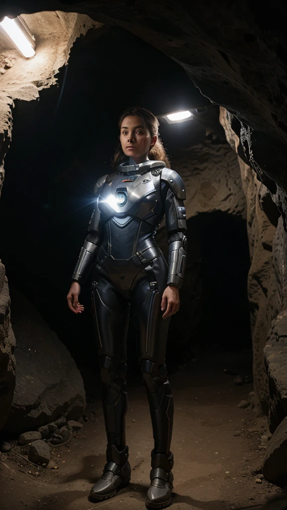 A woman has a flashlight in her hand and in front of her is a cave she has a space suit on and next to her is a robot she goes into a cave in here