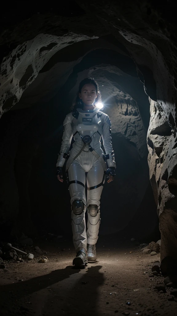A woman has a flashlight in her hand and in front of her is a cave she has a space suit on and next to her is a robot she goes into a cave in here