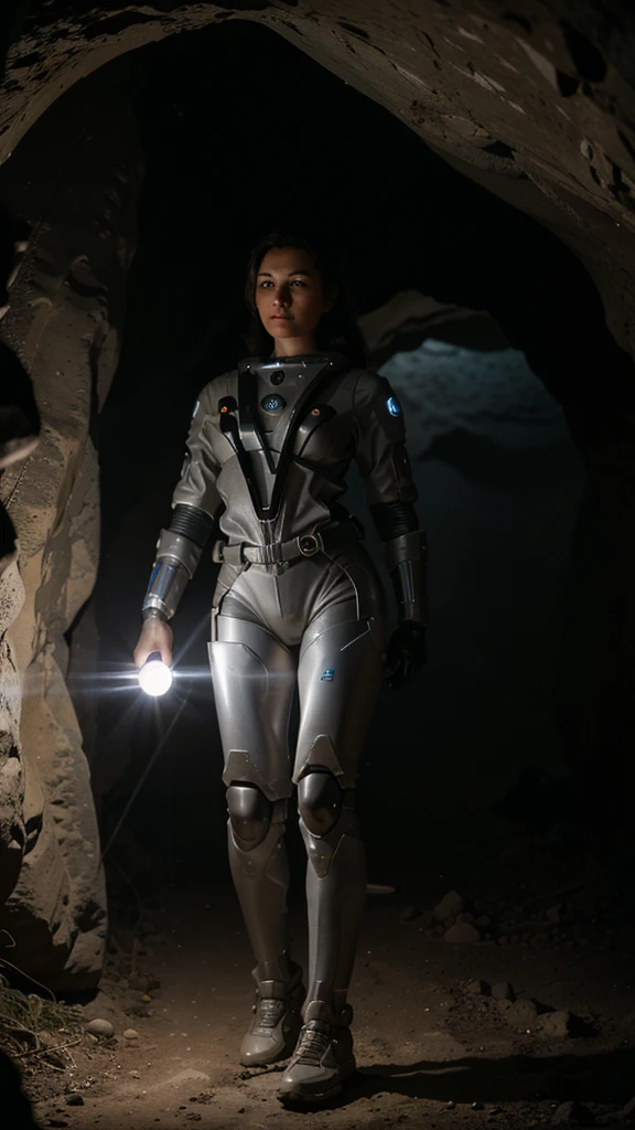 A woman has a flashlight in her hand and in front of her is a cave she has a space suit on and next to her is a robot she goes into a cave in here
