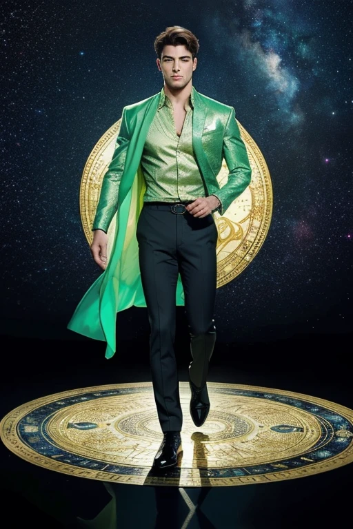 full body photorealistic handsome Hunky Zodiac Prince: Pieces.. wearing light Green. standing on magic circle. Galaxy as background.