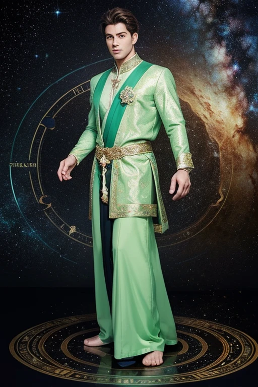 full body photorealistic handsome Hunky Zodiac Prince: Pieces.. wearing light Green. standing on magic circle. Galaxy as background.