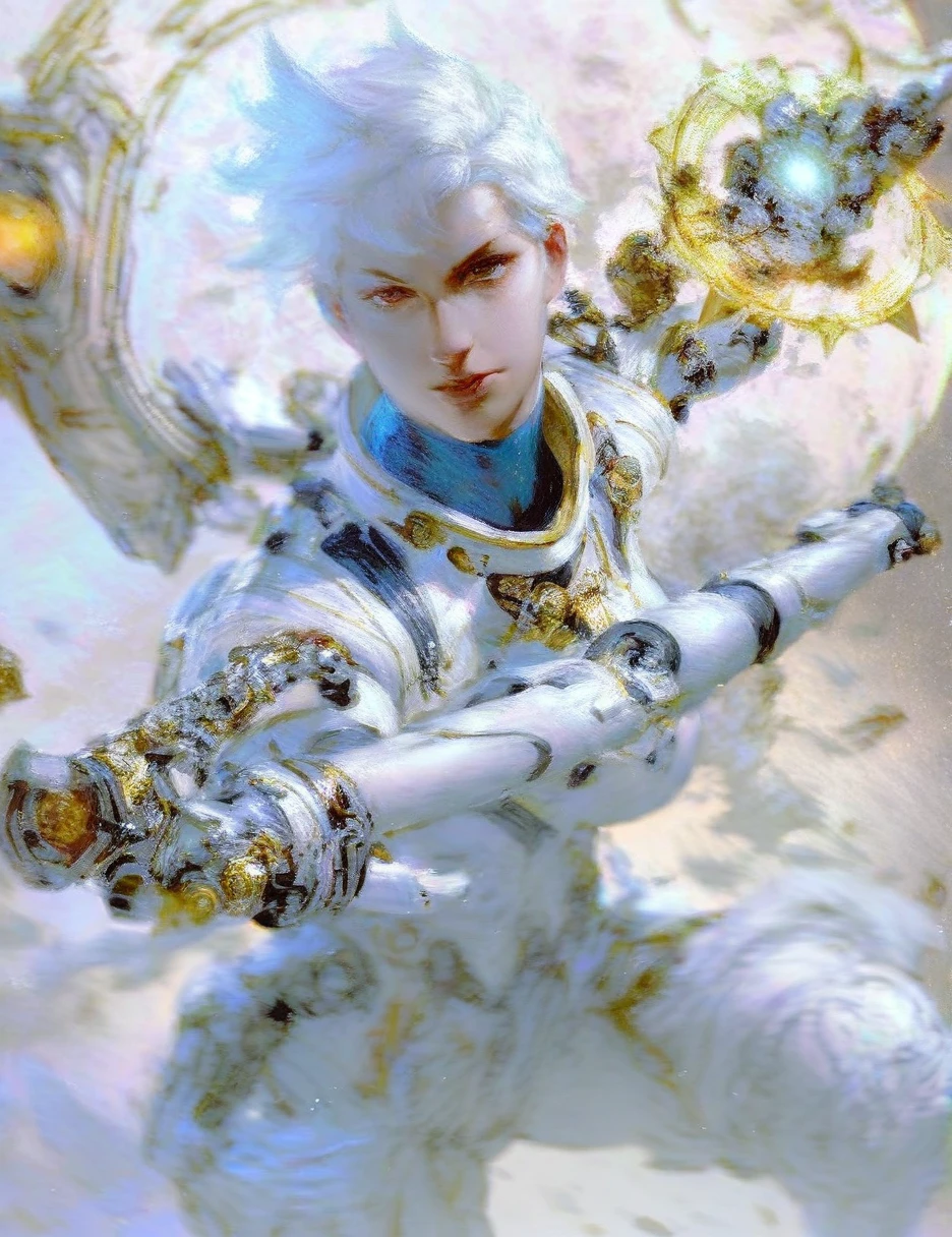 score_9, score_8_up, score_7_up,((1girl)),starry_background,intense shadows,lens_flare, day,white_background,fighting_stance,agent,glamor,white hair,halo,byzantine_fashion,mature,short hair,space_suit, monkren