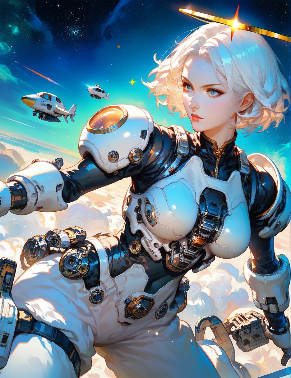 score_9, score_8_up, score_7_up,((1girl)),starry_background,intense shadows,lens_flare, day,white_background,fighting_stance,agent,glamor,white hair,halo,byzantine_fashion,mature,short hair,space_suit, monkren