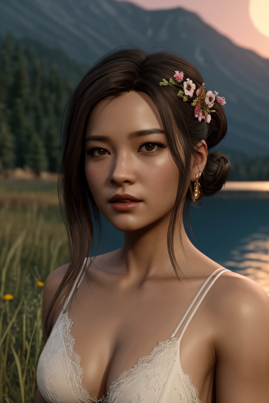 zangzu,1girl\(Genie,solo,Eyes\(Deep amber,crystal clear,long and delicate eyelashes\),Nose\(Elevated,a slightly upturned nose tip\),Lips\(Rosy color,defined lip line\),Hairstyle\(Black hair,hair bun,hair ornament,smooth and shiny,slightly wavy at the ends\),Skin\(Fair,blemish-free,as delicate as porcelain\),Clothing\((traditional clothes):1.5,(standing,Female Focus,look at viewer,floating hair,outdoor,cowboy_shot):1.53\),Perfect details,Texture enhancement,Picture enhancement, Background\((full moon,flowers,mountain,forest,Garden,Buildings,architecture,lake,grassland):1.5,sky\), masterpiece,best quality,unreal engine 5 rendering,movie light,movie lens,movie special effects,detailed details,HDR,UHD,8K,CG wallpaper,