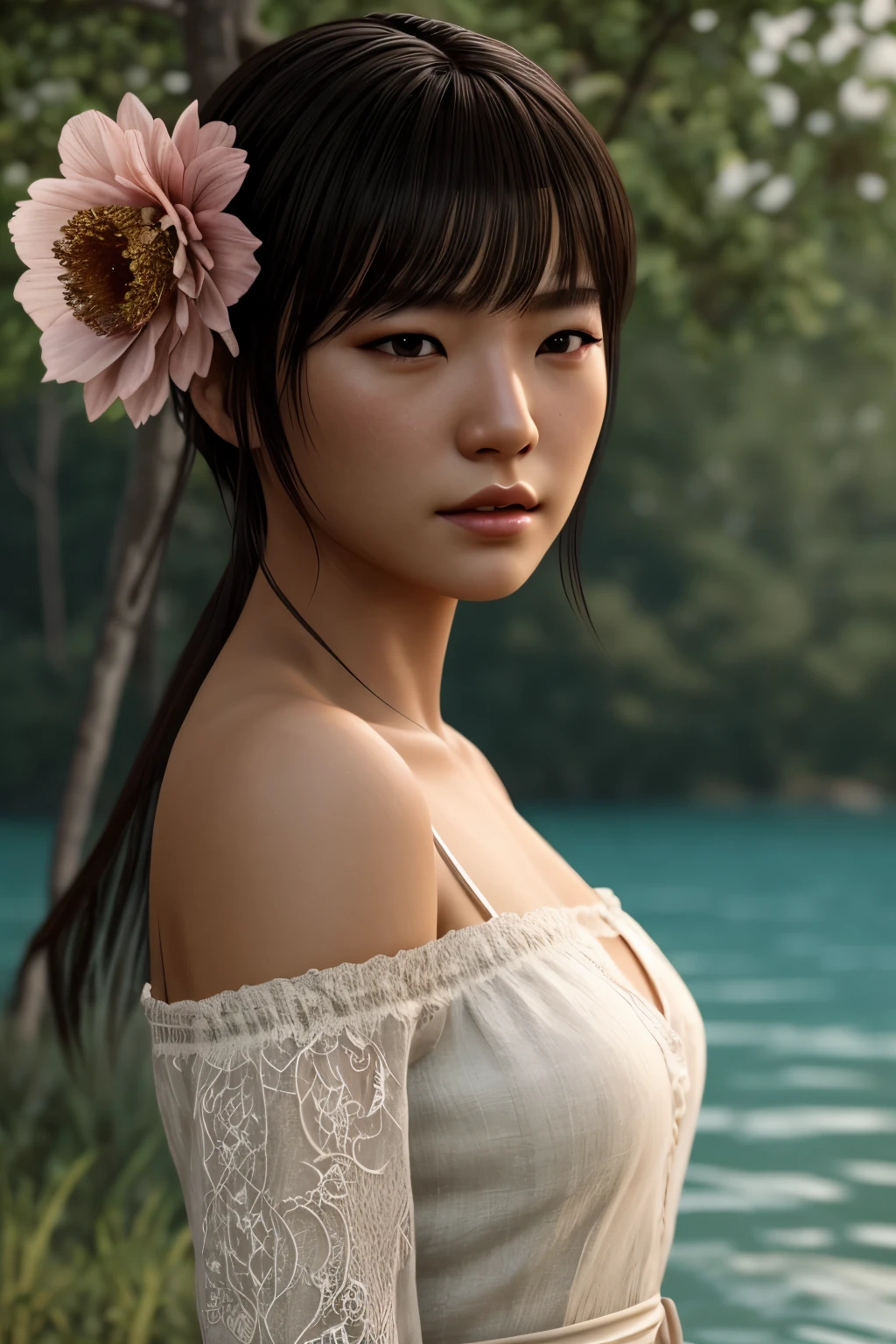 zangzu,1girl\(Genie,solo,Eyes\(Deep amber,crystal clear,long and delicate eyelashes\),Nose\(Elevated,a slightly upturned nose tip\),Lips\(Rosy color,defined lip line\),Hairstyle\(Black hair,hair bun,hair ornament,smooth and shiny,slightly wavy at the ends\),Skin\(Fair,blemish-free,as delicate as porcelain\),Clothing\((traditional clothes):1.5,(standing,Female Focus,look at viewer,floating hair,outdoor,cowboy_shot):1.53\),Perfect details,Texture enhancement,Picture enhancement, Background\((full moon,flowers,mountain,forest,Garden,Buildings,architecture,lake,grassland):1.5,sky\), masterpiece,best quality,unreal engine 5 rendering,movie light,movie lens,movie special effects,detailed details,HDR,UHD,8K,CG wallpaper,