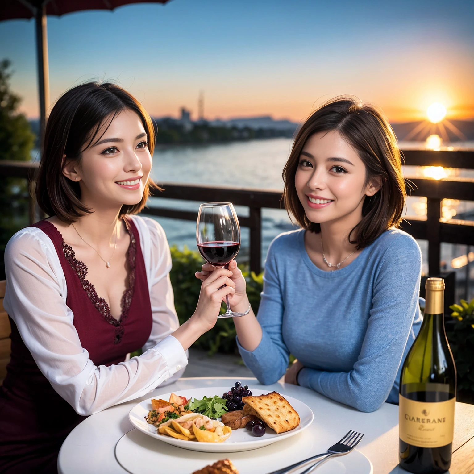 ((Highest quality、8K、masterpiece:1.3))、Asian Beauty、Slim Couple、Model Couple、(Realistic, Intricate details:1.2), full-course dinner、Wine Party、Amazing view of the sunset sky and clouds、A bright smile、The wonderfulness of smiles、Bright image、The beauty of wine, Beautiful Face, blue eyes, The light shines on your face, Blushing, short hair,Bright Face、 (Age 37), 39 years old, red wine 、Appetizers、Italian food、Wine bottle、Champagne、sparkling wine、Two beauties、Brown Hair、Shortcuts、Long sleeve shirt、dress、