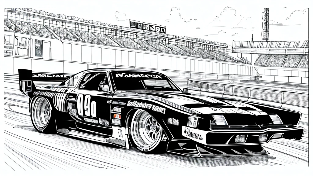 Coloring book page, beautifully drawn, black and white, car racing on a track, simple line, illustration, ink drawing, very prominent thick outlines, clean lines, line drawing, clipart. A car is moving along the road, another one is catching up behind it. In the background - stands and scoreboard.