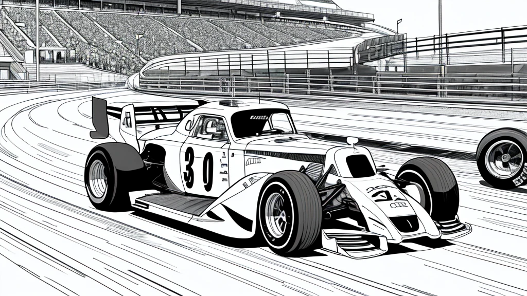 Coloring book page, beautifully drawn, black and white, car racing on a track, simple line, illustration, ink drawing, very prominent thick outlines, clean lines, line drawing, clipart. A car is moving along the road, another one is catching up behind it. In the background - stands and scoreboard.