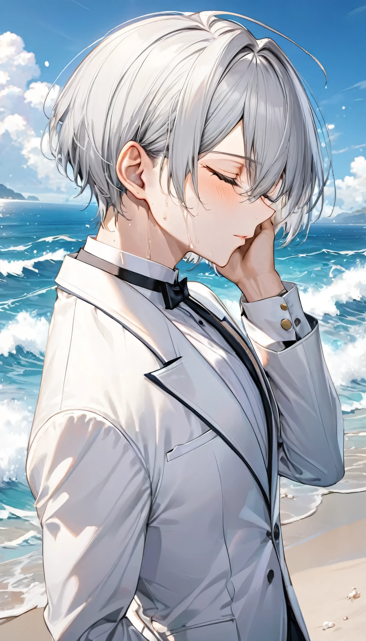 (profile:2), (love style) ((16 yo)), (solo:2 crew cut silver hair very short hair divine cool boy, serious closed eyes, sweaty skin), break, (in a butler suit), break, (in the open ocean view beach), (background detailed ocean), BREAK, perfect anatomy, masterpiece, best quality, 16k, beautiful detailed grow, daydreaming expression.