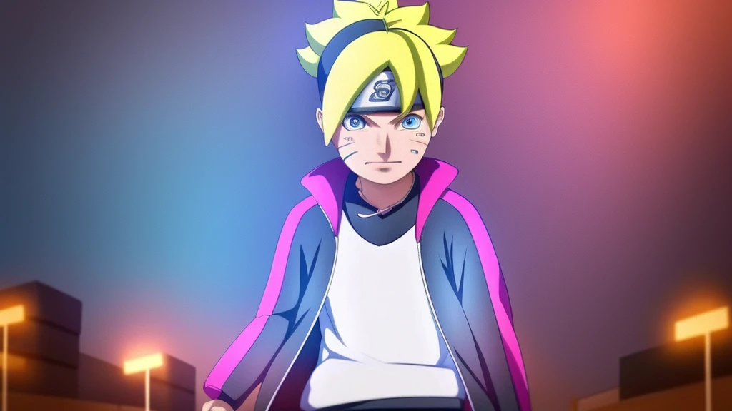 masterpiece, ultra-detailed, 1boy, male focus, upper body shot, Uzumaki Boruto wearing maroon Streetwear Hoodie, yellow hair, Blue eyes, look at viewer, happy face, vibrant colors, cityscape background, dinamic lighting, highly detailed face, stylish, urban style, cool attitude, bokeh, blurry background,