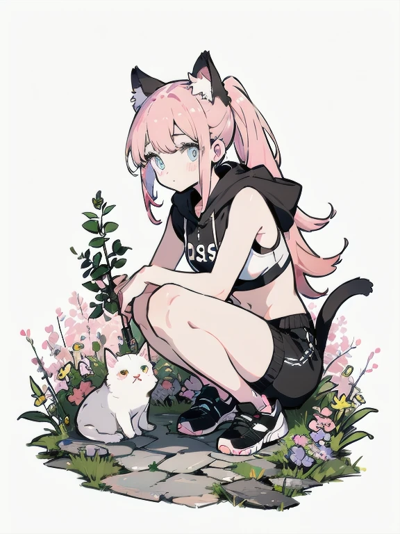 highest quality、4K、1 person、15-year-old girl、evening、garden、Black sports bra、White see-through hoodie、Cat Eyes、A girl crouching, oasis, Brush sticker, Double Ponytail, Triple White, Tartan,Pastel pink gradient hair,, White Background、Perfect Anatomy