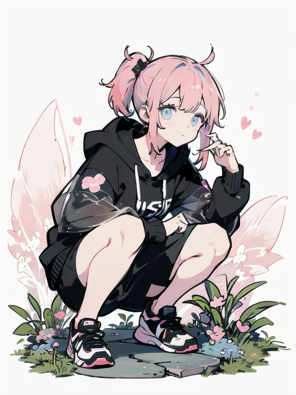 highest quality、4K、1 person、-yeld gievening、garden、Black sports bra、White see-through hoodie、Cat Eyes、A girl crouching, oasis, Brush sticker, Double Ponytail, Triple White, Tartan,Pastel pink gradient hair,, White Background、Perfect Anatomy