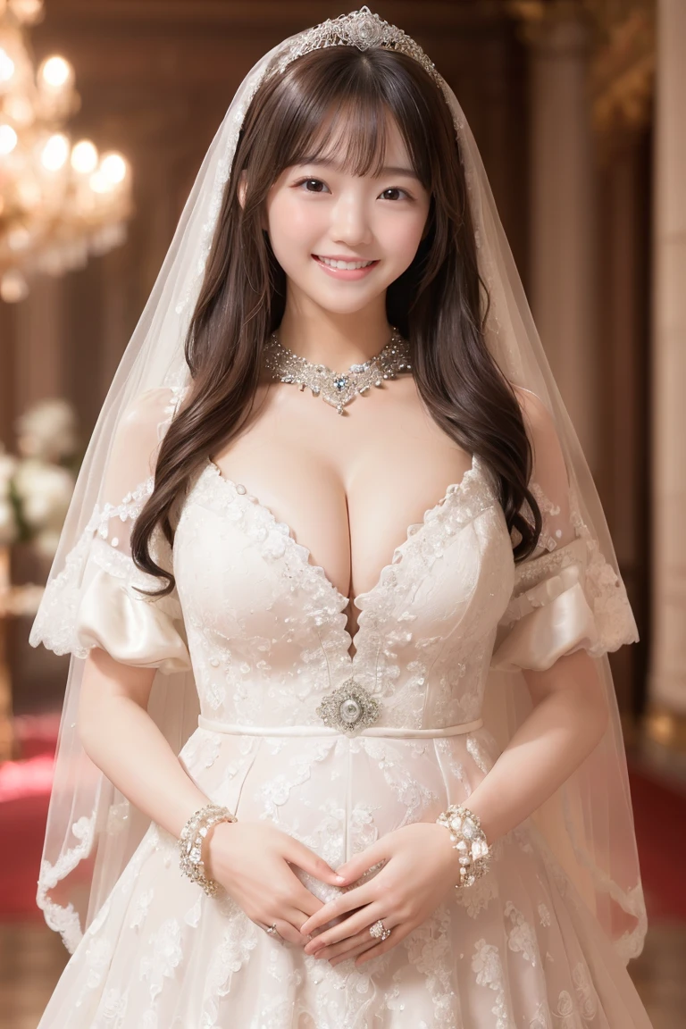 (Highest quality、Tabletop、8k、Best image quality、Award-winning works)、One beautiful bride、(The most extravagant and luxurious huge wedding dress:1.3)、(The most luxurious and perfect wedding lace:1.3)、(The most extravagant and luxurious giant tiara:1.3)、(The most luxurious and luxurious giant necklace:1.3)、(The most extravagant and luxurious giant jewellery:1.3)、(A wedding dress with intricate and exquisite decoration:1.3)、(A bright and jeweled wedding dress:1.3)、portrait photo of a beautiful female、Glowing Skin、Brown Hair、Standing Elegantly、(Strongly blurred gorgeous and elegant palace hall background:1.3)、The best smile、Smile widely and show your teeth、(Large Breasts:1.1)、(Cleavage:1.1)、(pregnancy:1.2)