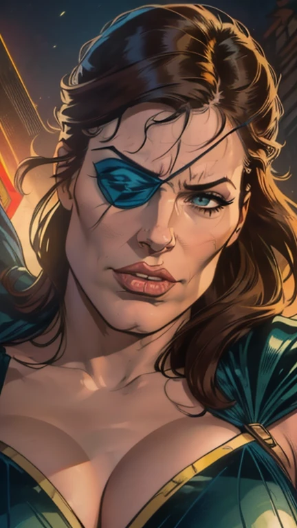 woman, heroic, left-eyepatch with hero logo on it, heroic outfit, comic art style, detailed facial features, beautiful detailed eyes, beautiful detailed lips, extremely detailed face, long eyelashes, dramatic lighting, vivid colors, dynamic pose, sweeping cape, cinematic composition, (best quality,4k,8k,highres,masterpiece:1.2),ultra-detailed,(realistic,photorealistic,photo-realistic:1.37)