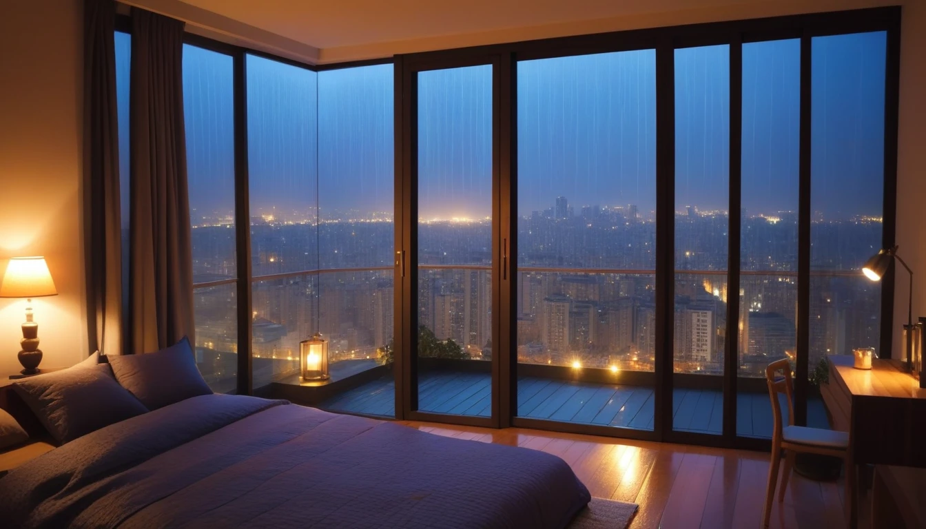 In a cozy room with a beautiful city night raining outside view