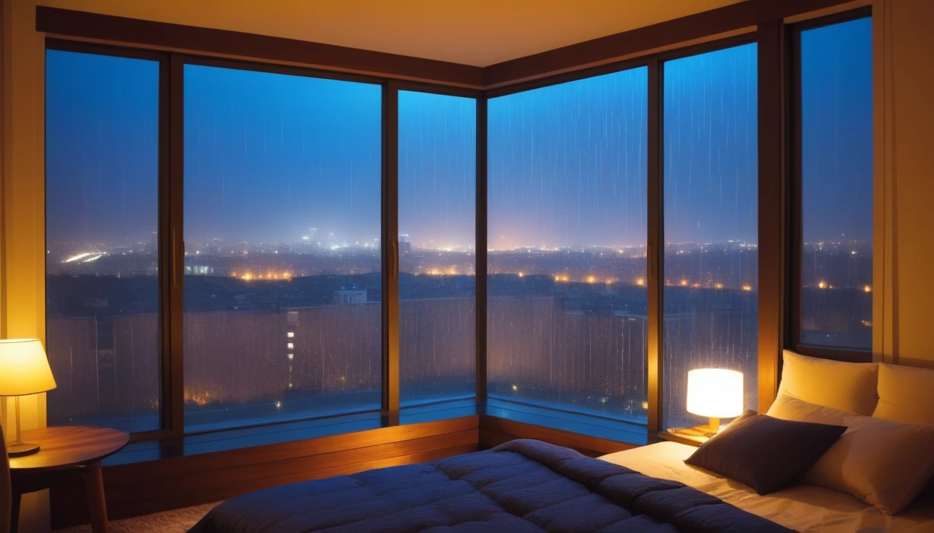 In a cozy room with a beautiful city night raining outside view